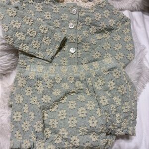 Textured Knit Lace Two-Piece Floral Set in Sage and Cream
